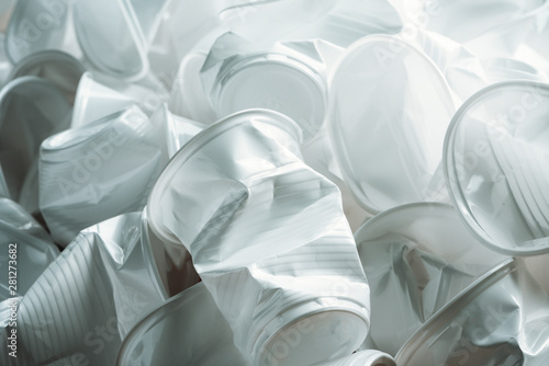 Pile of crumpled white disposable plastic cups. Zero waste concept, plastic free