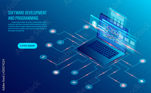 software development coding and business analysis. programming of concept. data processing. Computer code with window interface. flat isometric illustration