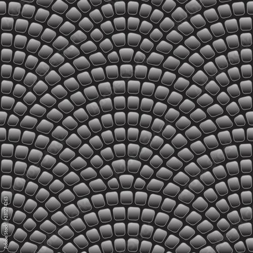 Vector dark wavy seamless geometrical pattern of medieval street pavement grey stones on a black background. Floor tile, wallpaper, texture map for games, page fill,Mediterranean terrazzo mosaic style