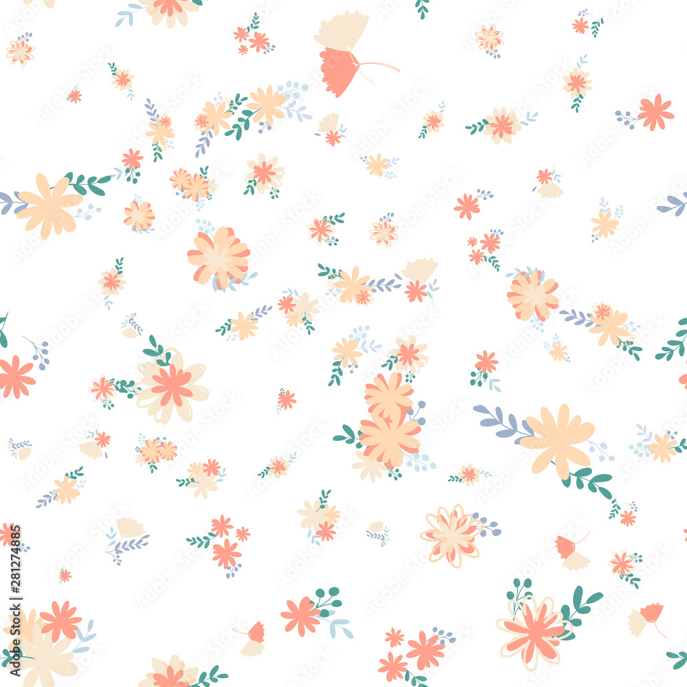 Beautiful pattern with simple foolproof flower botanical. Wild botanical garden bloom. Flower background. Spring floral surface pattern. Leaves illustration. Beautiful pattern with simple foolproof flower botanical. Wild botanical garden bloom. Flower background. Spring floral surface pattern. Leaves illustration.