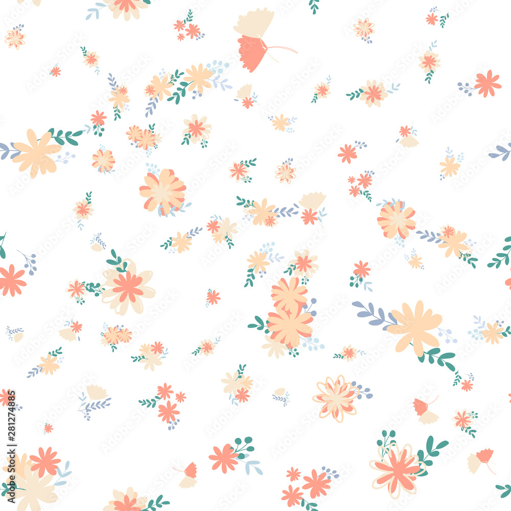 Beautiful pattern with simple foolproof flower botanical. Wild botanical garden bloom. Flower background. Spring floral surface pattern. Leaves illustration.