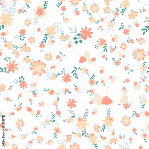 Beautiful pattern with simple foolproof flower botanical. Wild botanical garden bloom. Flower background. Spring floral surface pattern. Leaves illustration.