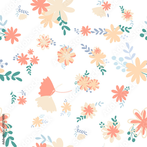 Beautiful pattern with simple foolproof flower botanical. Wild botanical garden bloom. Flower background. Spring floral surface pattern. Leaves illustration.