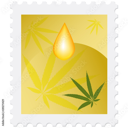 Postage stamp - hemp leaves and yellow drop oil - isolated on white background - vector. Medicine hemp concept. Medicinal herbs