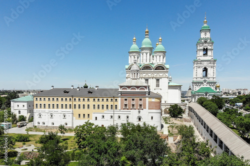 Astrakhan. Astrakhan Kremlin. Fortress. Assumption Cathedral and the bell tower of the Astrakhan Kremlin. Flying drone over the Kremlin. Panorama of the city of Astrakhan. park for rest and walks.