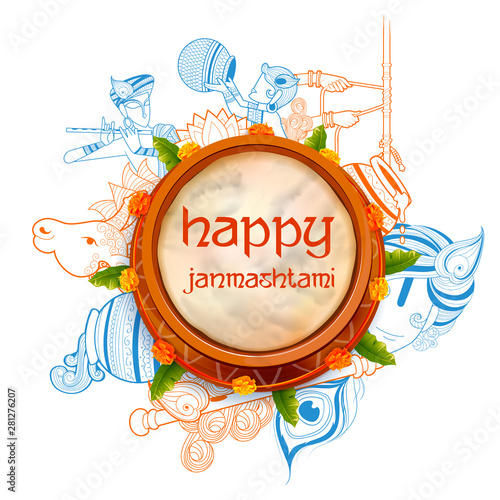 illustration of dahi handi celebration in Happy Janmashtami festival background of India