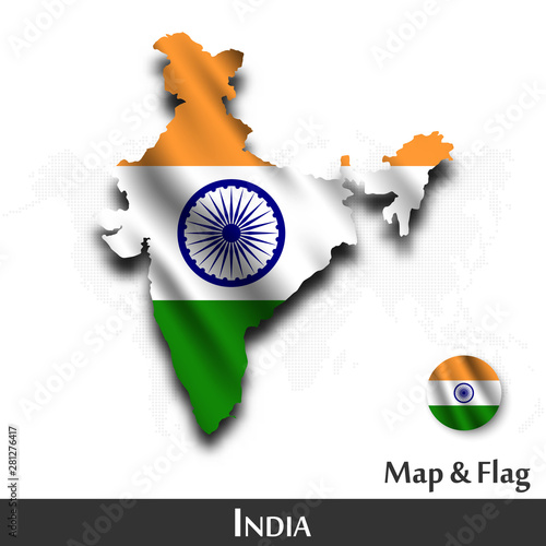 India map and flag . Waving textile design . Dot world map background . Vector .