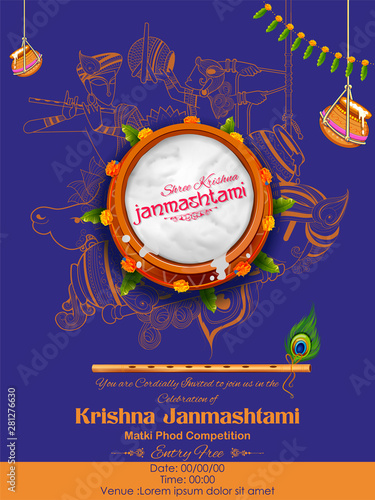 illustration of dahi handi celebration in Happy Janmashtami festival background of India
