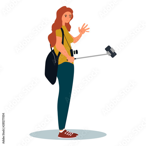 Smiling young girl with backpack standing and taking selfie photo on his smart phone. Vector illustration on white background in cartoon style