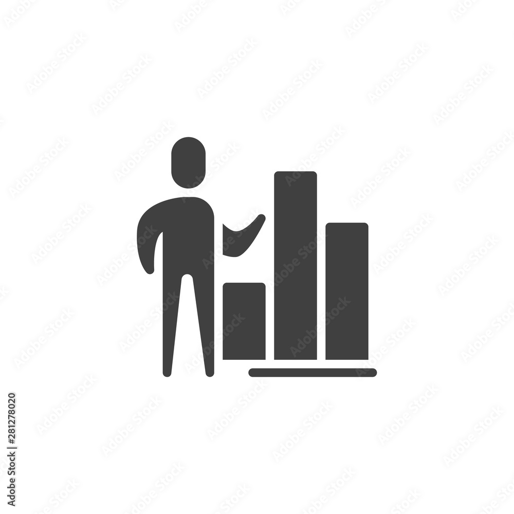 Business graph presentation vector icon. filled flat sign for mobile concept and web design. Man and Column chart glyph icon. Symbol, logo illustration. Vector graphics Business graph presentation vector icon. filled flat sign for mobile concept and web design. Man and Column chart glyph icon. Symbol, logo illustration. Vector graphics
