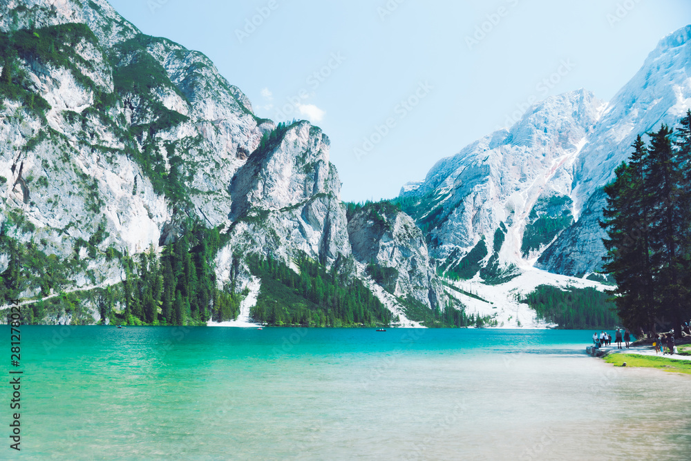 view of braies lake in alps mountains