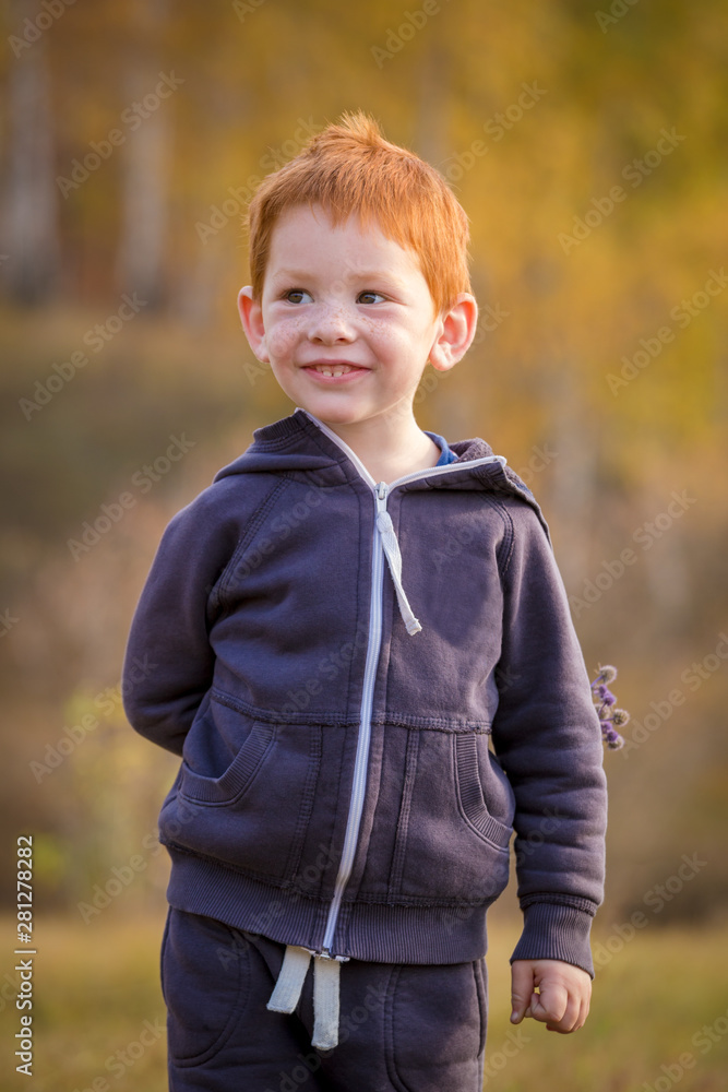 Adorable little boy standing on autumn landscape Adorable little boy standing on autumn landscape