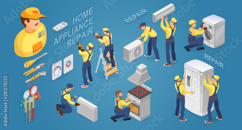Isometric worker with tools and home appliances. Vector illustration.