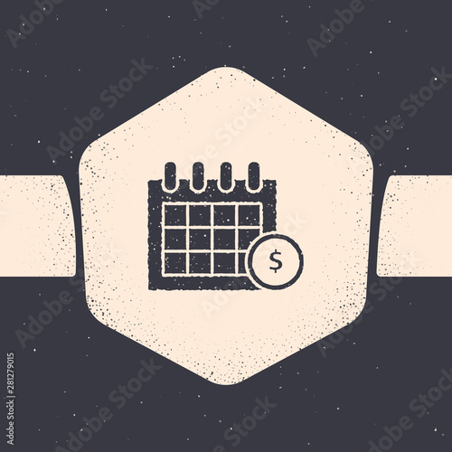 Grunge Financial calendar icon isolated on grey background. Annual payment day, monthly budget planning, fixed period concept, loan duration. Monochrome vintage drawing. Vector Illustration