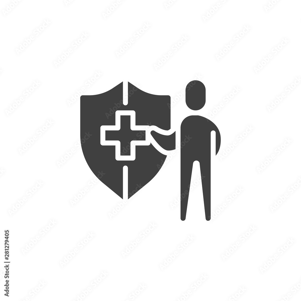 Life insurance vector icon. filled flat sign for mobile concept and web design. Man with medical shield glyph icon. Symbol, logo illustration. Vector graphics Life insurance vector icon. filled flat sign for mobile concept and web design. Man with medical shield glyph icon. Symbol, logo illustration. Vector graphics