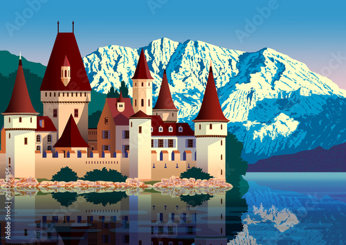 Sunny day in Austria near the medieval castle, lake and mountains in the background. Handmade drawing vector illustration. Flat design. Vintage Poster. All objects are grouped by layers.