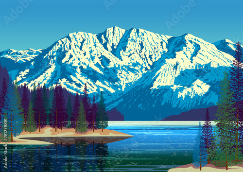 Summer landscape in a natural рark with forest, lake and mountains in the background.. Handmade drawing vector illustration. All objects are grouped and divided into layers. Flat Design.