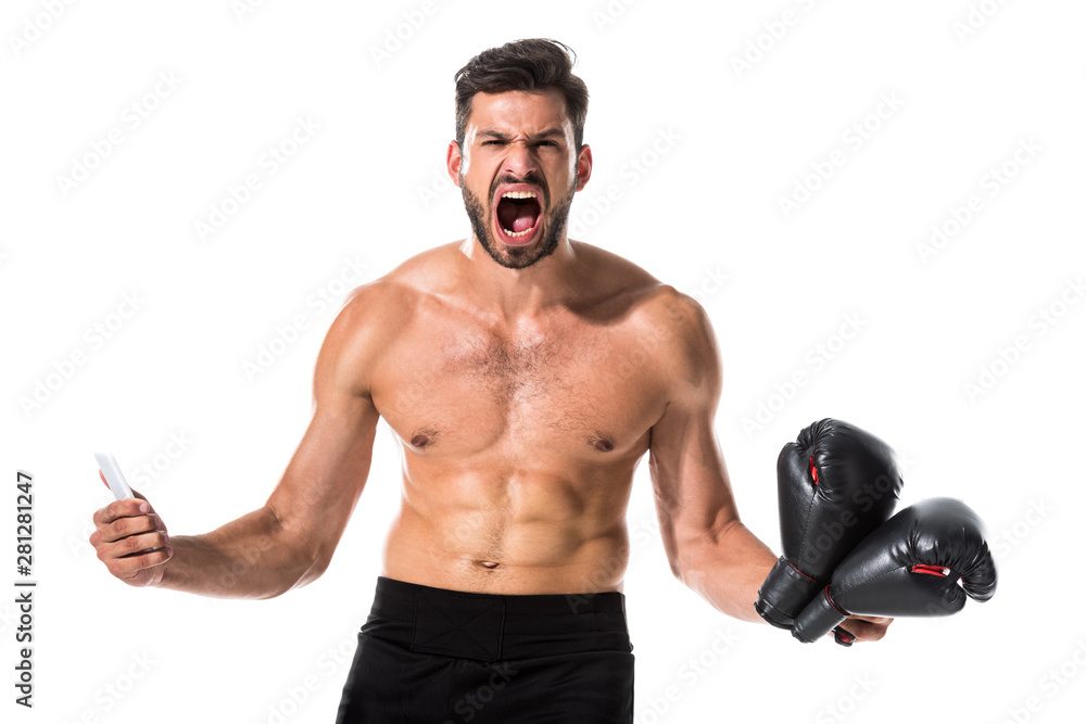 angry handsome shirtless Boxer with smartphone yelling Isolated On White