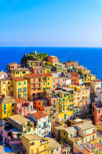 Colorful houses in Manarola Village in Cinque Terre National Park. Beautiful scenery at coast of Italy. Fisherman village in the province of La Spezia, Liguria, Italy