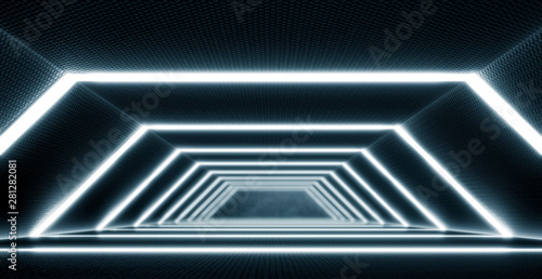 Fototapeta Naklejka Na Ścianę i Meble -  Neon Blue Lighted Sci Fi Futuristic tunnel. Future spaceship corridor. Metal Texture And Grunge background. Sci-fi or science concept. 3D Rendering
