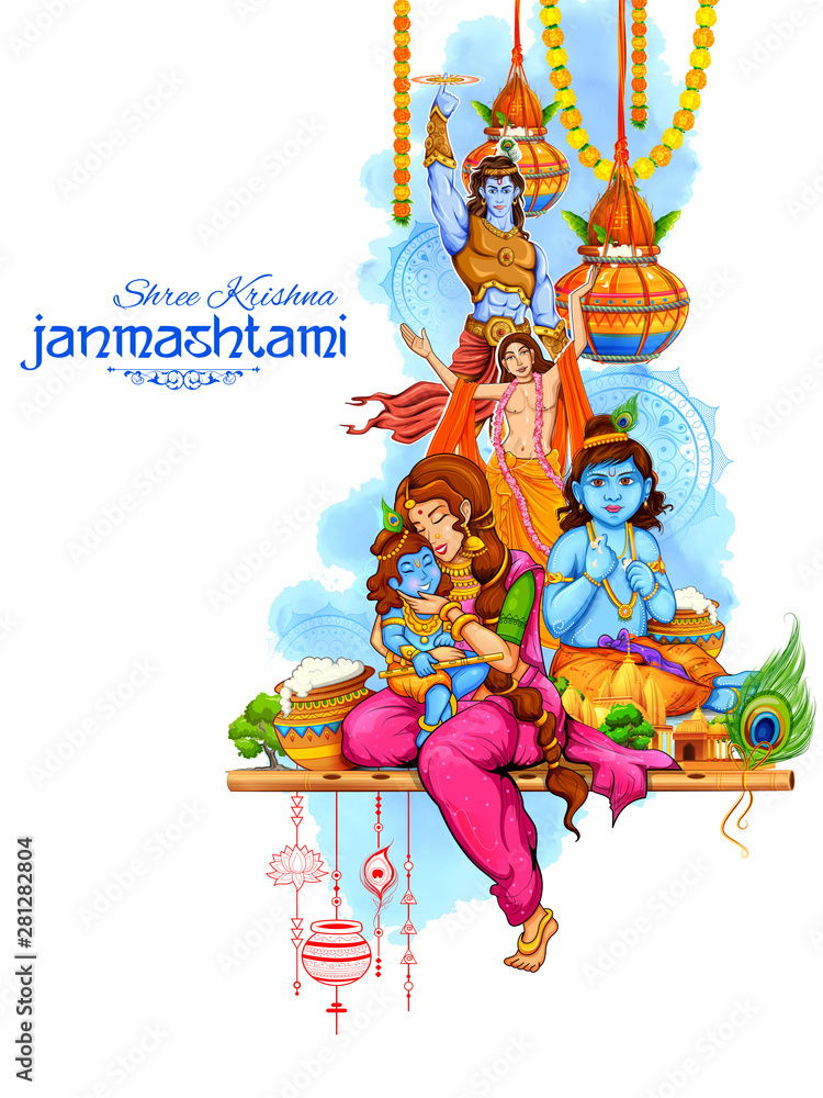 Φωτογραφία illustration of Lord Krishna playing bansuri flute in Happy Janmashtami festival
