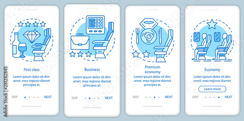 Aircraft travel class seating turquoise onboarding mobile app page screen with linear concepts. Economy class walkthrough steps graphic instructions. UX, UI, GUI vector template with illustrations