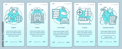 Travel planner turquoise onboarding mobile app page screen vector template. Cruise, journey, traveling. Walkthrough website steps with linear illustrations. UX, UI, GUI smartphone interface concept