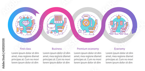 Aircraft travel class seat vector infographic template. Business presentation design elements. Data visualization with four steps and options. Process timeline chart. Workflow layout with linear icons