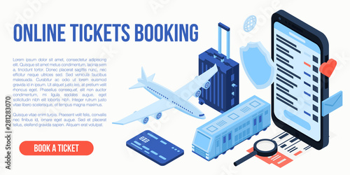 Online tickets booking travel concept background. Isometric illustration of online tickets booking travel vector concept background for web design
