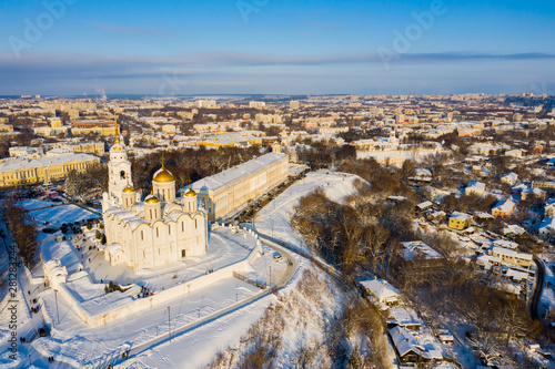 Aerial drone view of Assumption church in Vladimir town, Russia