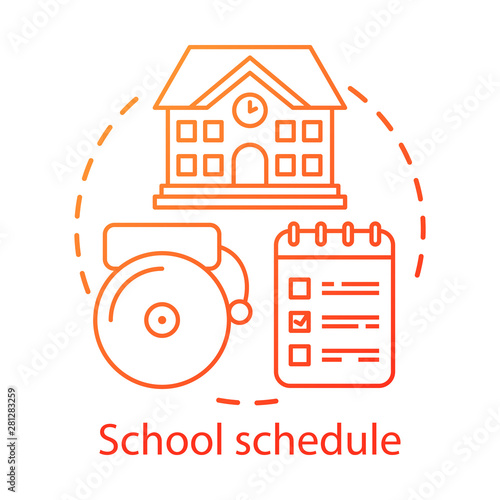 School schedule organization concept icon. Educational plan idea thin line illustration. Schoolhouse, bell and notepad with notes vector isolated outline drawing. Student time management