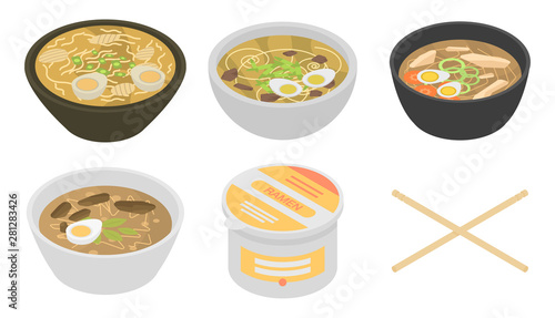 Ramen icons set. Isometric set of ramen vector icons for web design isolated on white background