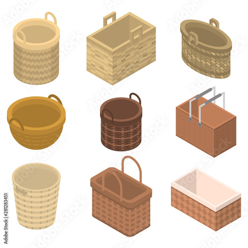 Wicker icons set. Isometric set of wicker vector icons for web design isolated on white background