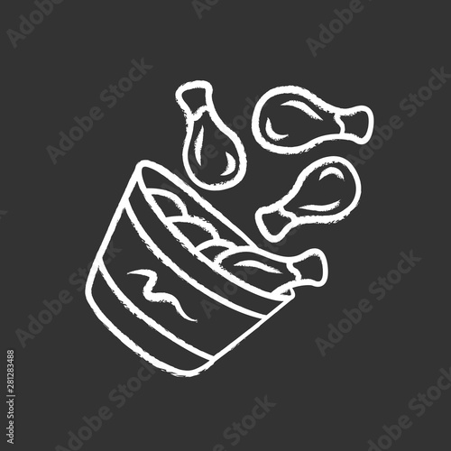 Chicken bucket chalk icon. BBQ chicken drumsticks, legs. Unhealthy fast food. Cafe, restaurant, snack bar, steakhouse menu. Meat cookery. Street food. Isolated vector chalkboard illustration