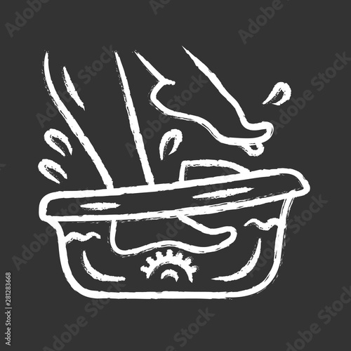 Foot spa bath massager chalk icon. Relaxing massage. Beauty device for home use. Pedicure electric instrument. Beauty parlour chiropody procedure. Isolated vector chalkboard illustration
