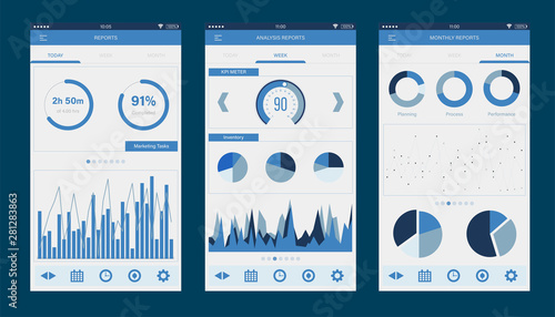 Business Management Reports Dashboard UI mobile app. Mobile app infographic template with daily, weekly and monthly statistics graphs. Concept mobile app for IT admin web design, UI elements.  photo