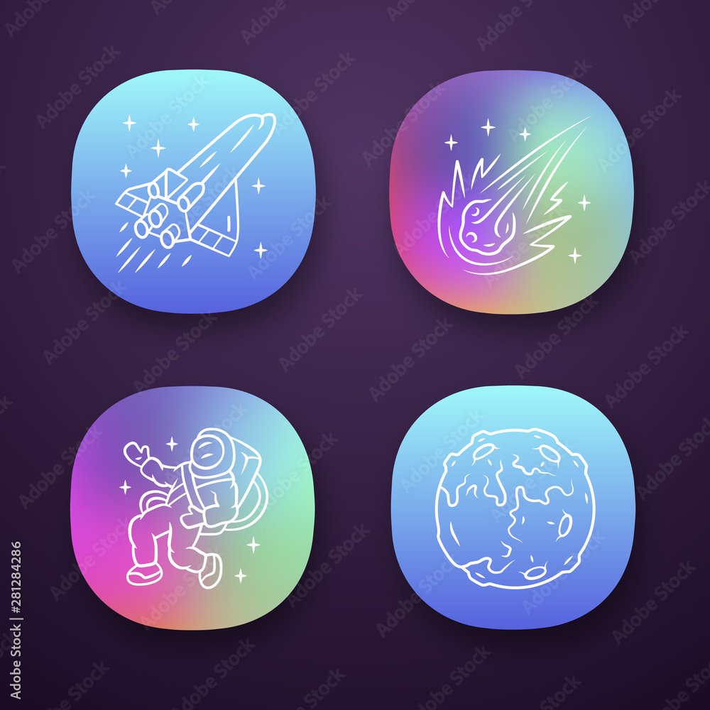 Astronomy app icons set. Space exploration. Moon, spaceship, comet, astronaut. Astrophysics. Galaxy research. UI/UX user interface. Web or mobile applications. Vector isolated illustrations