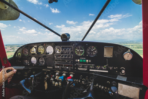 Airplane cabin in flight over blue