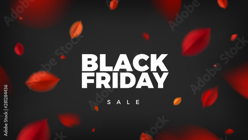 Black friday background with red leaves, autumn nature vector design, fall elements layout template