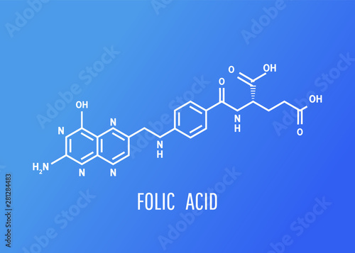 Folic acid Molecular chemical formula on isolated background. Vitamin B9.