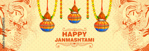 illustration of dahi handi celebration in Happy Janmashtami festival background of India