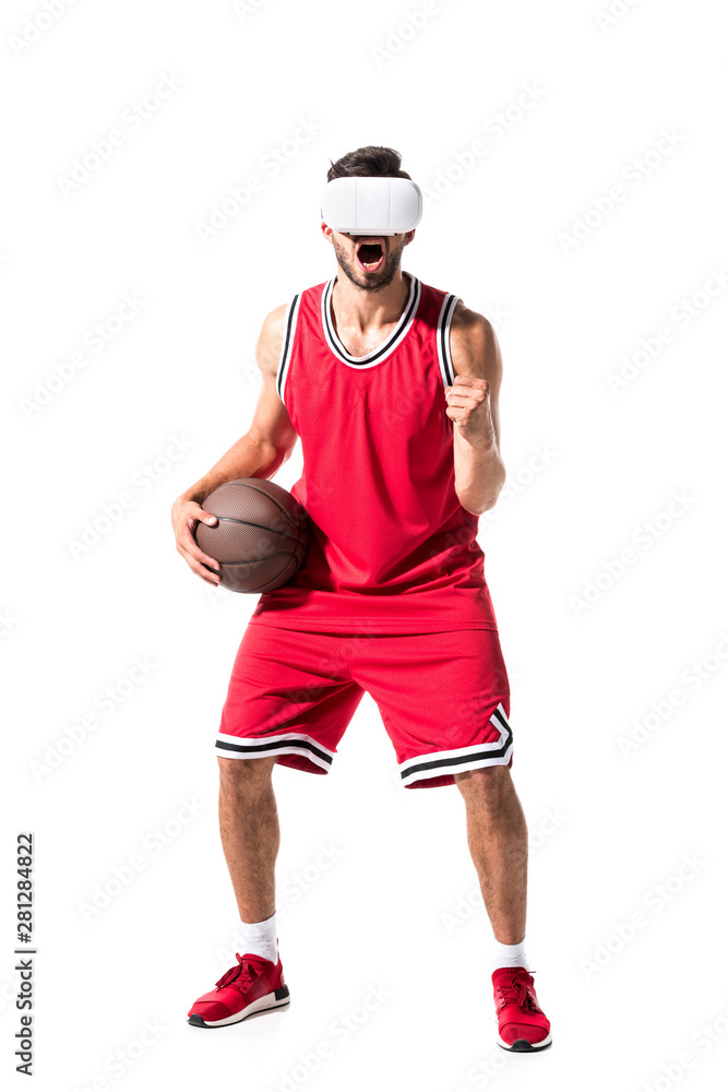 excited basketball player with ball in virtual reality headset Isolated On White