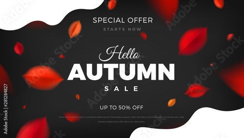 Autumn sale banner background with red leaves, fall nature vector design elements. Web layout template