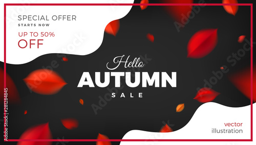 Autumn sale banner background with red leaves, fall nature vector design elements. Web layout template