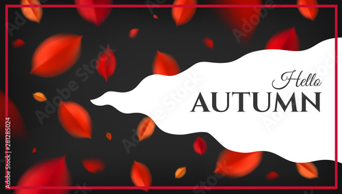 Hello Autumn banner background with red leaves, fall nature vector design elements. Web layout template