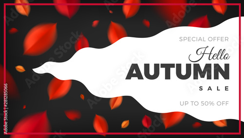 Autumn sale banner background with red leaves, fall nature vector design elements. Web layout template