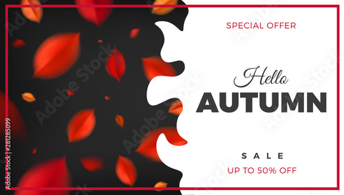 Autumn sale banner background with red leaves, fall nature vector design elements. Web layout template