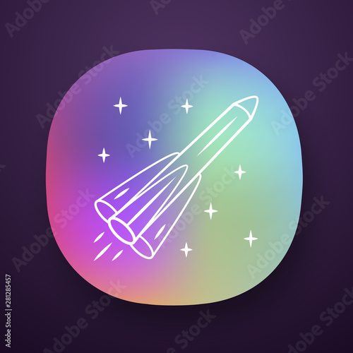 Rocket app icon. Missile, spacecraft, aircraft. Human spaceflight. Space exploration. Interplanetary travel. UI/UX user interface. Web or mobile application. Vector isolated illustration