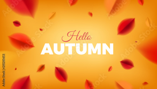 Hello Autumn banner background with red leaves, fall nature vector promo design elements. Web layout template
