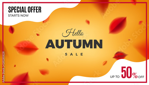 Autumn sale banner background with red leaves, fall nature vector promo design elements. Web layout template